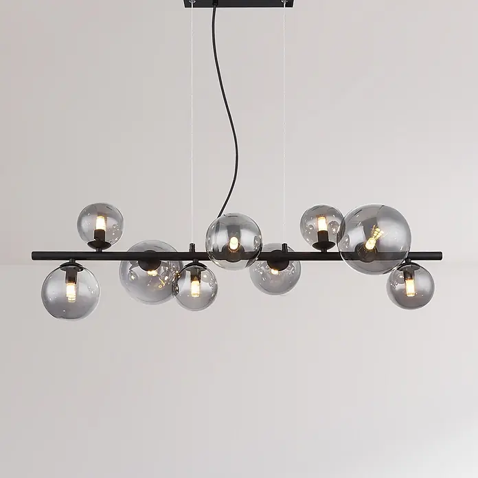 Globo Riha Pendelleuchte - 31,5 W, L x B x H: 86 x 36 x 120 cm, Rauchglas, Schwarz, G9 - Moderne lineare Hängeleuchte mit schwarzem Stab und mehreren Kugeln aus Rauchglas. Mit schwarzen Kabeln und Deckenplatte.