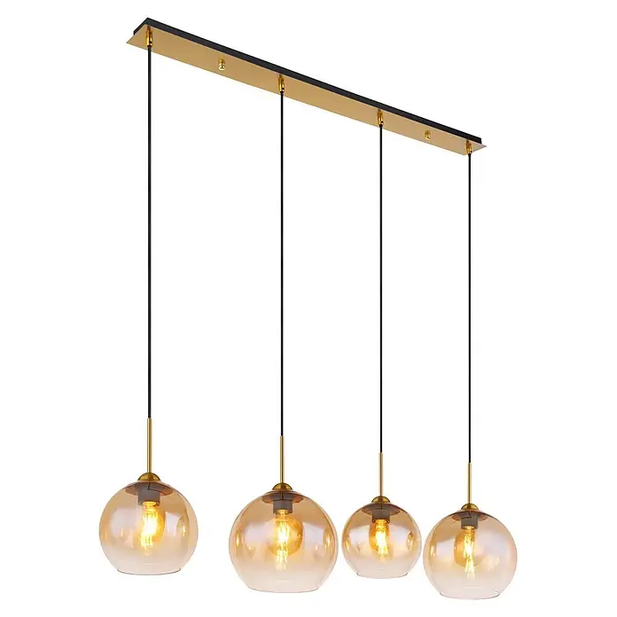 Globo Pendelleuchte Jamessa - 60 W, L x B x H: 120 x 25 x 120 cm, E27 - Mehrflammige Pendelleuchte: vier bernsteinfarbene Glaskugelschirme, goldene Akzente, schwarze Rechteckbasis.