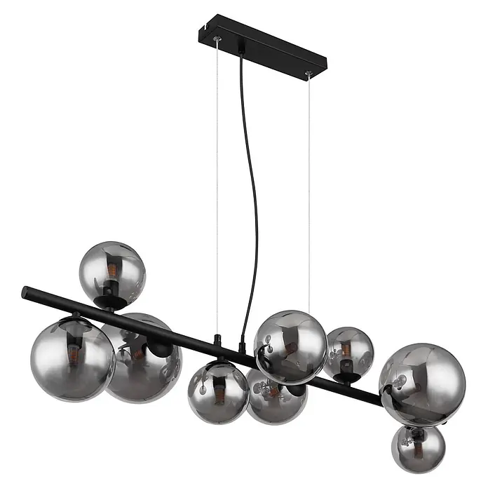 Globo Riha Pendelleuchte - 31,5 W, L x B x H: 86 x 36 x 120 cm, Rauchglas, Schwarz, G9 - Moderne schwarze Linear-Pendelleuchte mit rauchgrauen Glaskugeln und sichtbaren LED-Lampen.