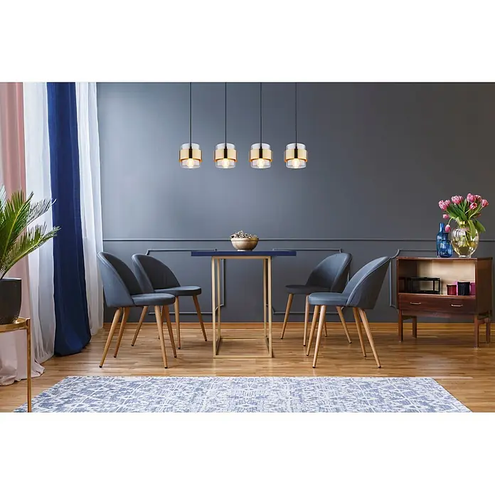 Globo Pendelleuchte rund Milley - 60 W, L x B x H: 111 x 18 x 120 cm, Schwarz, E27, Anzahl Leuchtmittel: 4 Stk. - Ein modernes Esszimmer mit einem gold-blauen Esstisch, vier grauen Stühlen und dekorativen Pendelleuchten.