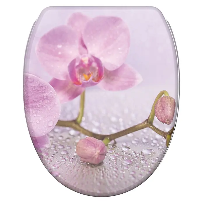 SANILO WC-Sitz Blooming mit Schnellverschluss - MDF, Pink, Mit Absenkautomatik - Toilettensitzbezug mit einem Design aus pinker Orchidee und zarten Wassertropfen.