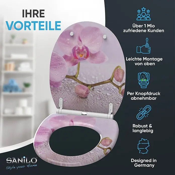 SANILO WC-Sitz Blooming mit Schnellverschluss - MDF, Pink, Mit Absenkautomatik - Weißer WC-Sitz mit lila Orchideen- und Wassertropfen-Design, offen dargestellt, mit Schnellverschluss-Scharnieren.