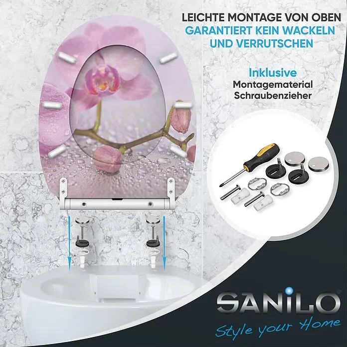 SANILO WC-Sitz Blooming mit Schnellverschluss - MDF, Pink, Mit Absenkautomatik - Toilettensitz mit rosa Orchideenmotiv, Montagesatz und Schraubenzieher, gezeigt bei der Installation auf einem weißen WC.