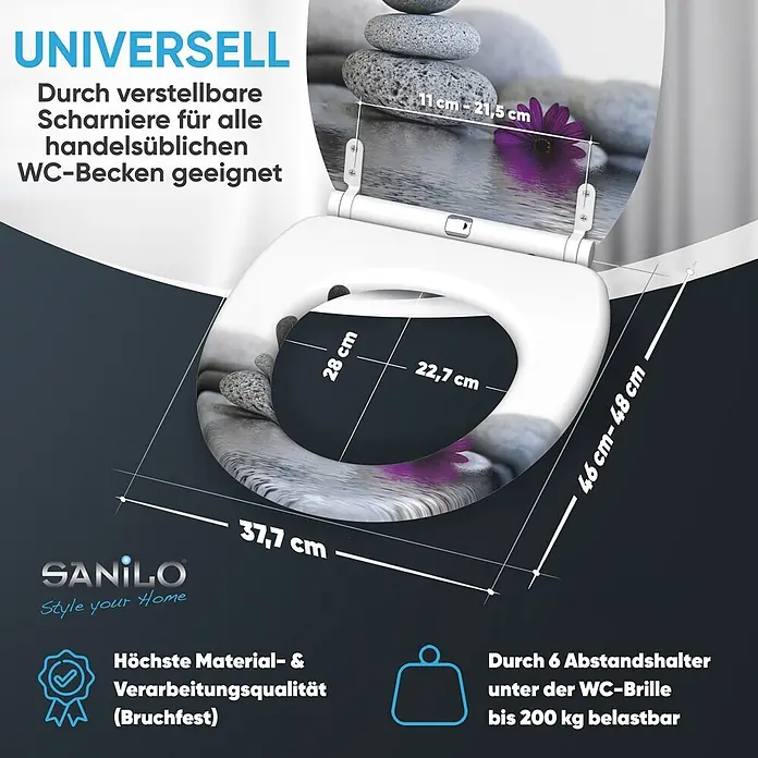 SANILO WC-Sitz Energy Stones mit Schnellverschluss - MDF, Violett, Mit Absenkautomatik - Weißer WC-Sitz mit Zen-Muster (Steine, lila Blume). Universell passend dank verstellbarer Scharniere, bis 200 kg belastbar.