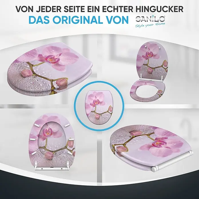 SANILO WC-Sitz Blooming mit Schnellverschluss - MDF, Pink, Mit Absenkautomatik - Toilettensitz mit rosa Orchideen- und Wassertropfenmotiv, aus verschiedenen Blickwinkeln dargestellt.