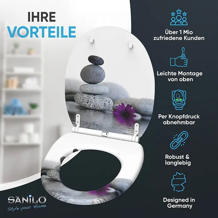 SANILO WC-Sitz Energy Stones mit Schnellverschluss - MDF, Violett, Mit Absenkautomatik - Weißer Toilettensitz mit Druck von gestapelten Steinen und violetter Blume auf Wasser.