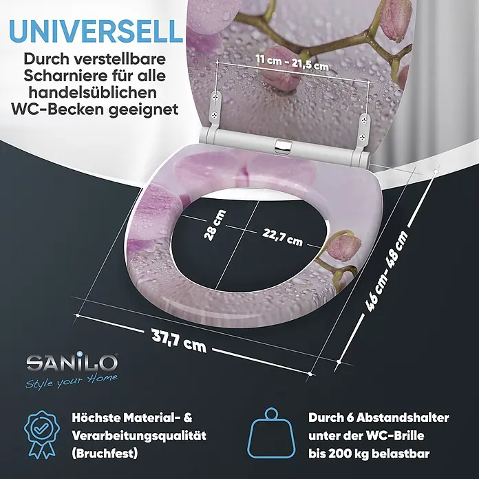 SANILO WC-Sitz Blooming mit Schnellverschluss - MDF, Pink, Mit Absenkautomatik - WC-Sitz mit rosa Orchideen-Design, verstellbaren Scharnieren für universelle Passform und bis zu 200 kg Belastbarkeit.
