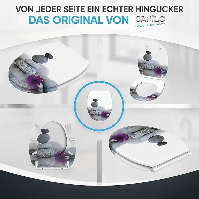 SANILO WC-Sitz Energy Stones mit Schnellverschluss - MDF, Violett, Mit Absenkautomatik - Weißer WC-Sitz mit Zen-Stein- und violetter Blumendesign, aus verschiedenen Perspektiven gezeigt.