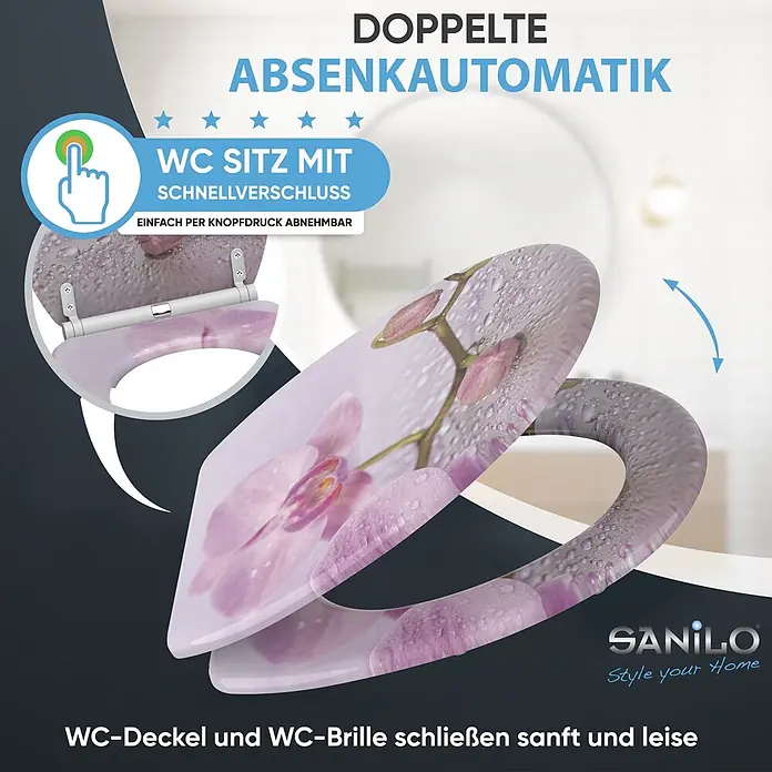 SANILO WC-Sitz Blooming mit Schnellverschluss - MDF, Pink, Mit Absenkautomatik - WC-Sitz mit rosa Orchideen- und Wassertropfen-Druck, doppelter Absenkautomatik und Schnellverschluss.