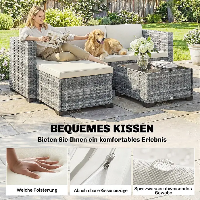 Outsunny Loungemöbel-Set mit Tisch - 5 -tlg., PE-Rattan, Grau - Graues Rattan-Gartenset mit cremefarbenen Kissen für Entspannung im Freien, mit weichen, abnehmbaren und wasserabweisenden Polstern.