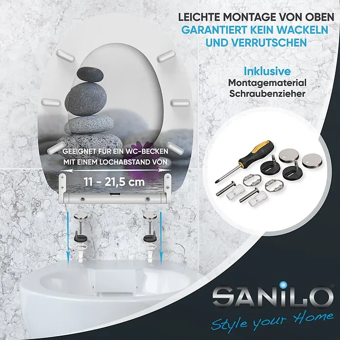 SANILO WC-Sitz Energy Stones mit Schnellverschluss - MDF, Violett, Mit Absenkautomatik - Toilettensitz mit Top-Montage-Set, Schraubenzieher und einstellbarem Lochabstand (11-21,5 cm) für wackelfreie Installation.