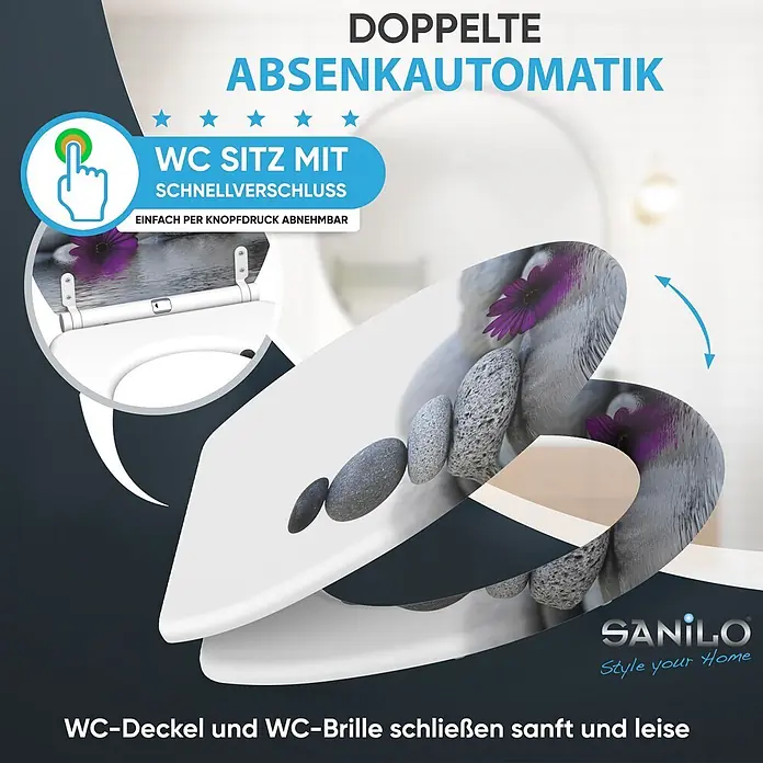 SANILO WC-Sitz Energy Stones mit Schnellverschluss - MDF, Violett, Mit Absenkautomatik - Weißer WC-Sitz mit Doppel-Absenkautomatik, Schnellverschluss und Stein-Blumen-Muster.