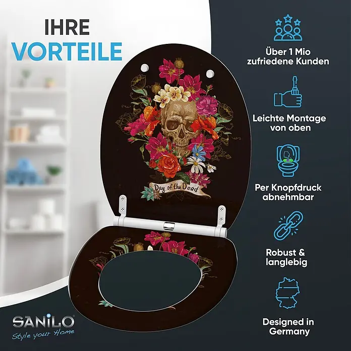 SANILO WC-Sitz Day of the Dead mit Schnellverschluss - MDF, Schwarz, Mit Absenkautomatik - Schwarzer Toilettensitz mit Totenkopf- und Blumenmotiv im Día de los Muertos-Stil.