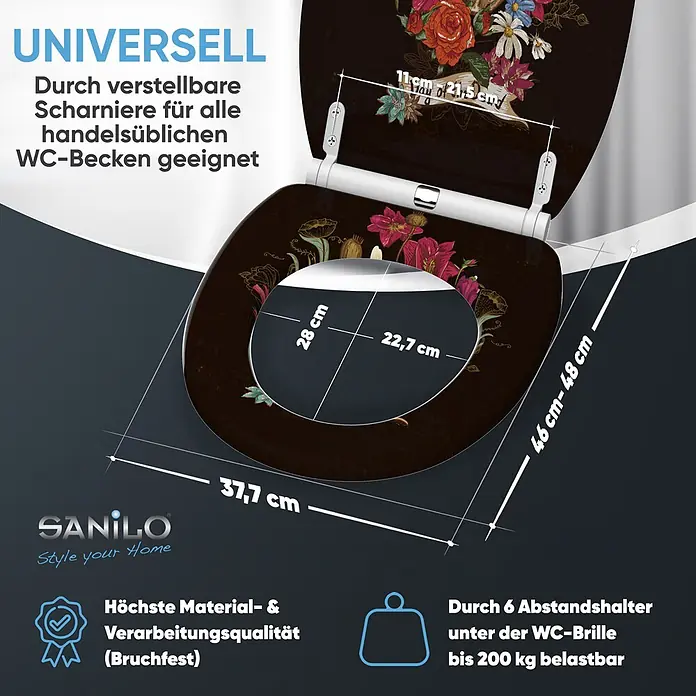 SANILO WC-Sitz Day of the Dead mit Schnellverschluss - MDF, Schwarz, Mit Absenkautomatik - Dunkelbrauner Toilettensitz mit Blumenmuster, universell passend durch verstellbare Scharniere, bruchfest, bis 200 kg belastbar.