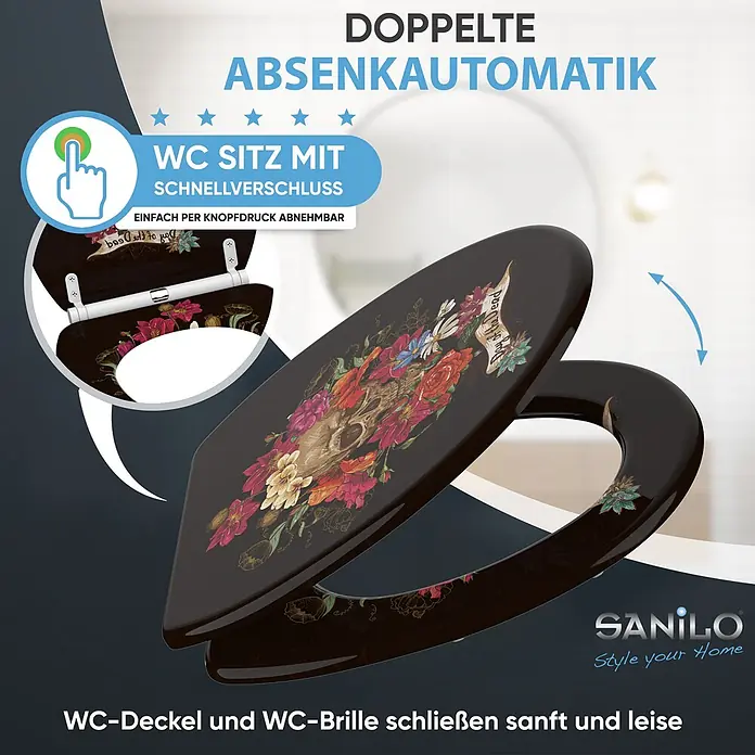SANILO WC-Sitz Day of the Dead mit Schnellverschluss - MDF, Schwarz, Mit Absenkautomatik - Schwarzer WC-Sitz mit Blumen-Totenkopf-Motiv, doppelter Absenkautomatik und Schnellverschluss.
