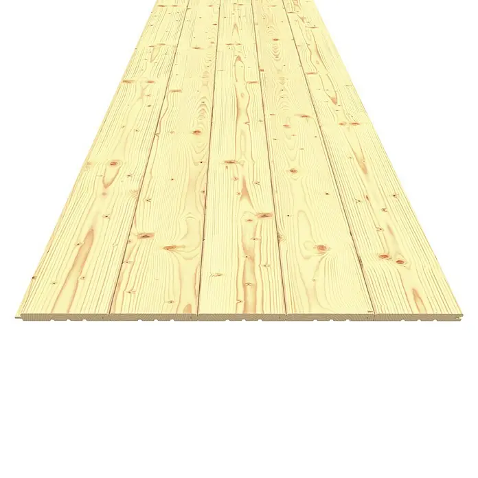 Rettenmeier Friso machihembrado - 250 x 12,1 x 1,21 cm - Vista de tablas de madera de pino. Las tablas muestran un patrón de veta de madera clara y natural, adecuado para proyectos de construcción o mobiliario.
