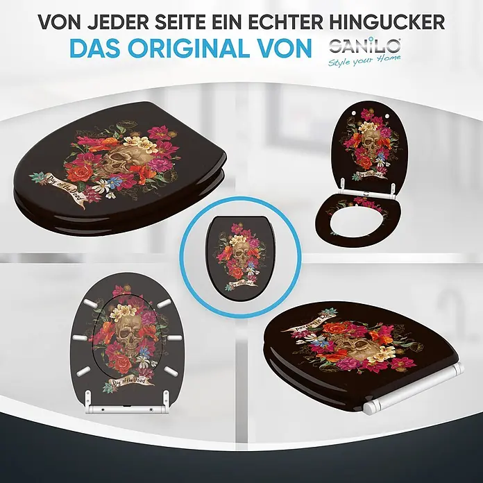 SANILO WC-Sitz Day of the Dead mit Schnellverschluss - MDF, Schwarz, Mit Absenkautomatik - Dunkler Toilettensitz mit lebhaftem 'Day of the Dead' Totenkopf- und Blumenmotiv, in verschiedenen Ansichten.
