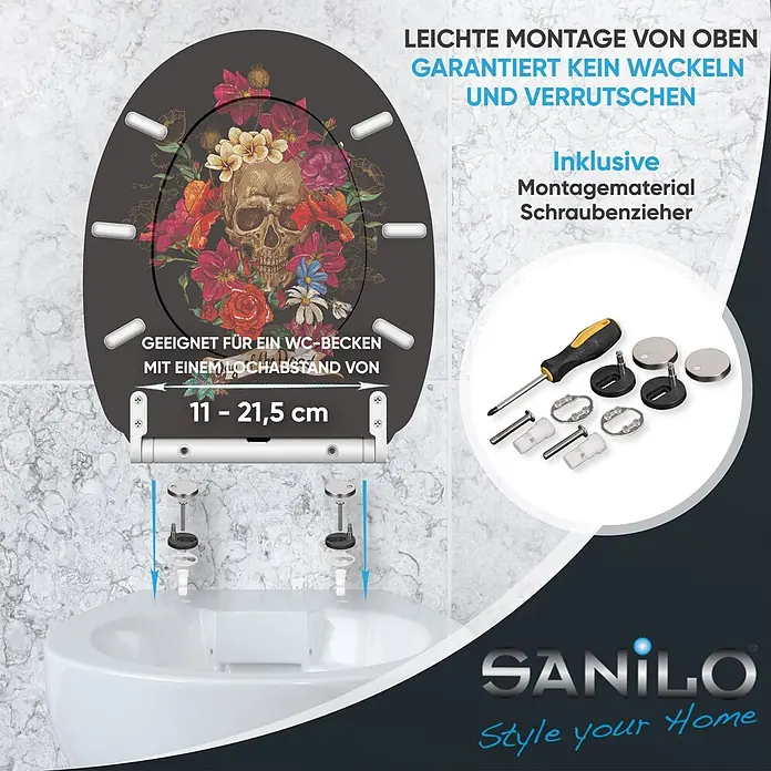 SANILO WC-Sitz Day of the Dead mit Schnellverschluss - MDF, Schwarz, Mit Absenkautomatik - Dunkelgrauer Toilettensitz mit Blumen-Totenkopf-Design, Top-Mount-Installation und verstellbarem Lochabstand 11-21,5 cm. Inkl. Montagematerial.
