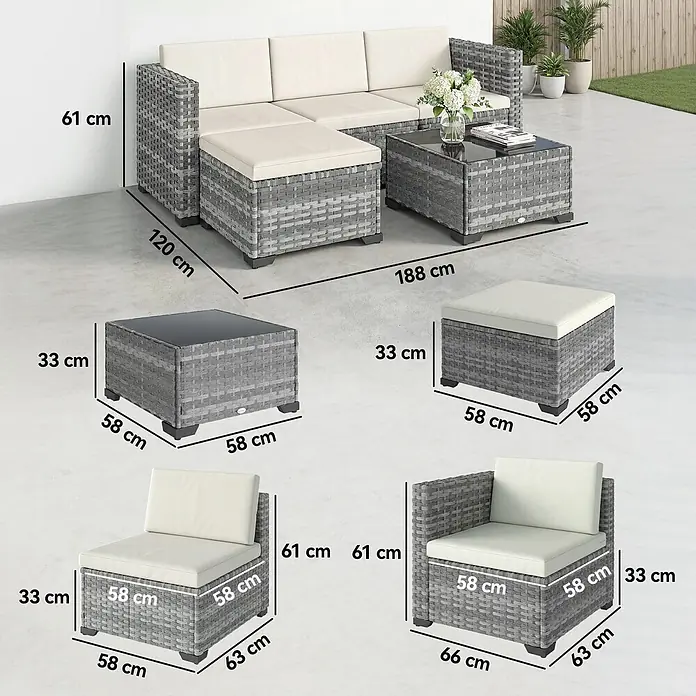 Outsunny Loungemöbel-Set mit Tisch - 5 -tlg., PE-Rattan, Grau - Graues Rattan-Modul-Gartensofa-Set mit cremefarbenen Kissen, verschiedene Konfigurationen und Maße für den Terrassengebrauch.