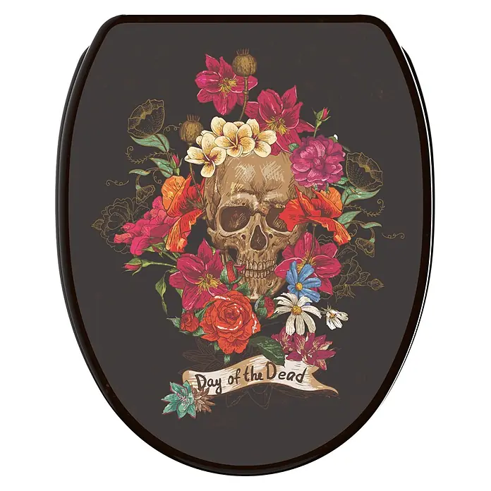 SANILO WC-Sitz Day of the Dead mit Schnellverschluss - MDF, Schwarz, Mit Absenkautomatik - Dunkler Toilettensitzdeckel mit farbenfrohem Tag der Toten Totenkopf- und Blumendesign.