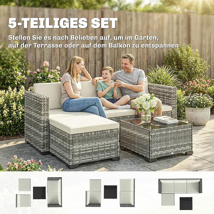 Outsunny Loungemöbel-Set mit Tisch - 5 -tlg., PE-Rattan, Grau - Ein 5-teiliges modulares graues Rattan-Gartenmöbelset mit hellen Polstern, von einer Familie draußen genutzt.