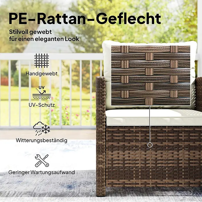 Outsunny Loungemöbel-Set - PE-Rattan (künstliches Rattan), Cremeweiß - Brauner PE-Rattan-Geflechtsessel mit weißen Kissen, handgewebt, wetterbeständig und pflegeleicht für eleganten Outdoor-Look.