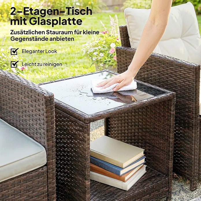 Outsunny Loungemöbel-Set - PE-Rattan (künstliches Rattan), Cremeweiß - 2-Etagen-Rattantisch mit Glasplatte, braun, im Freien. Zeigt Stauraum und leichte Reinigung.