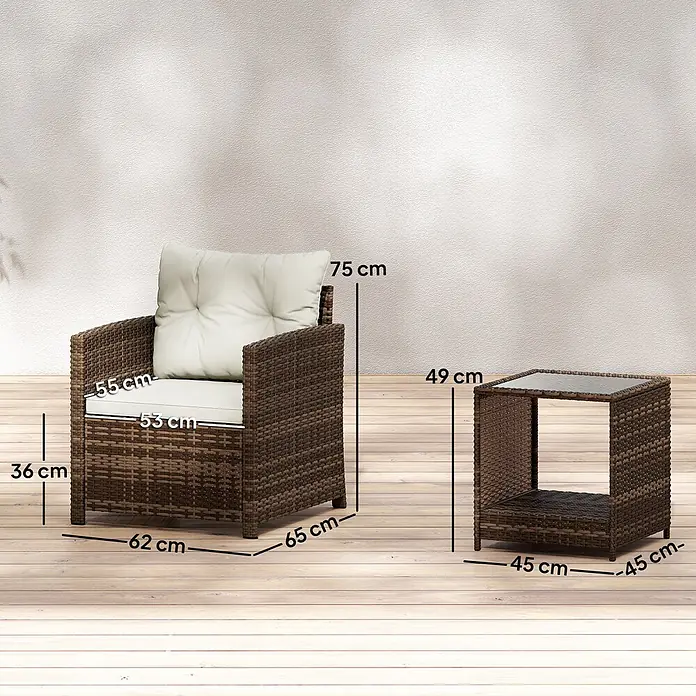 Outsunny Loungemöbel-Set - PE-Rattan (künstliches Rattan), Cremeweiß - Brauner Rattan-Outdoor-Sessel mit cremefarbenen Kissen und passendem Beistelltisch mit Glasplatte, mit Maßen.