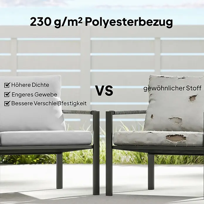 Outsunny Loungemöbel-Set - Hellgrau - Vergleich: Robuster 230 g/m² Polyesterkissenbezug und abgenutzter gewöhnlicher Stoff auf Outdoor-Stühlen.