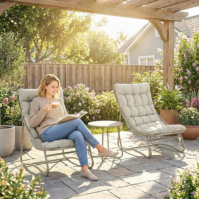 Outsunny Loungemöbel-Set - Hellgrau - Frau entspannt auf beigefarbenem gepolstertem Outdoor-Sessel, liest Buch und trinkt Kaffee auf sonniger Terrasse. Passender Beistelltisch daneben.