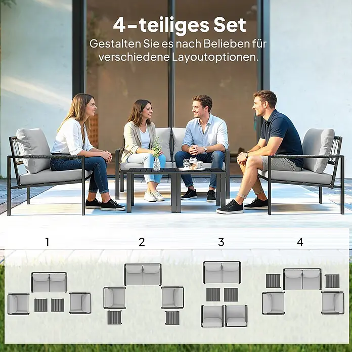 Outsunny Loungemöbel-Set - Hellgrau - 4-teiliges dunkelgraues Outdoor-Lounge-Set mit hellgrauen Kissen, in Gebrauch und mit flexiblen Layout-Optionen.