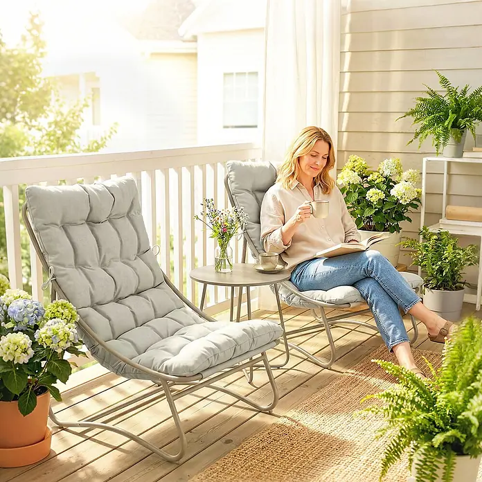Outsunny Loungemöbel-Set - Hellgrau - Zwei hellgraue, gesteppte Gartenstühle und ein runder Beistelltisch auf sonniger Terrasse, eine Frau entspannt sich in einem.
