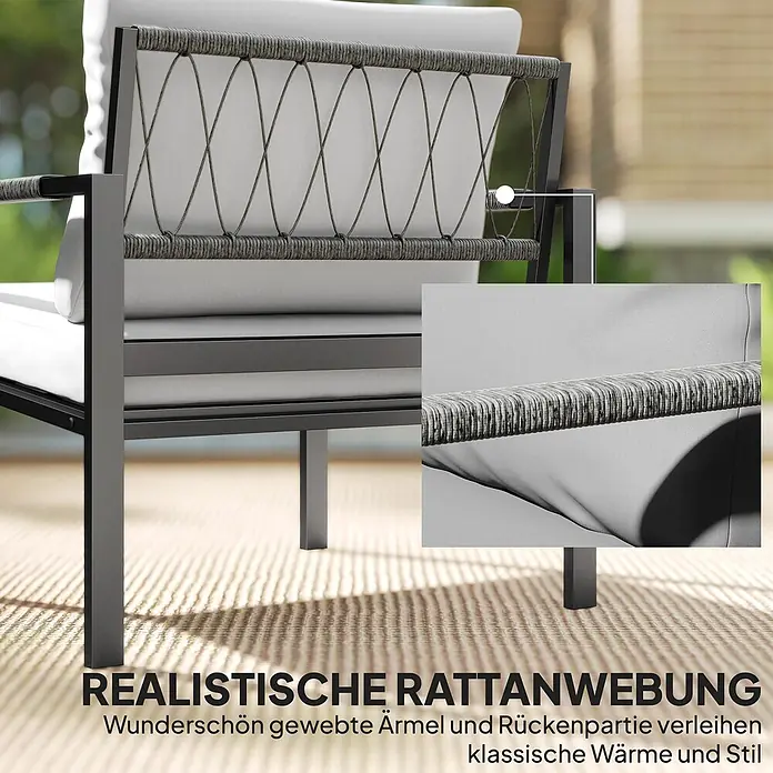 Outsunny Loungemöbel-Set - Hellgrau - Nahaufnahme eines Gartenstuhls mit realistischer grauer Rattanwebung und hellen Kissen.