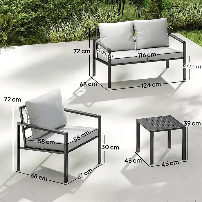 Outsunny Loungemöbel-Set - Hellgrau - Dunkelgraue Outdoor-Sitzgruppe aus Metall mit Sofa, Sessel und Tisch, hellgrauen Kissen und Maßangaben.