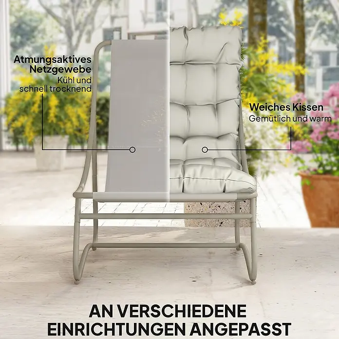 Outsunny Loungemöbel-Set - Hellgrau - Gartenstuhl mit geteiltem Design, das atmungsaktives Netzgewebe für Kühlung und ein weiches Kissen für Wärme zeigt.