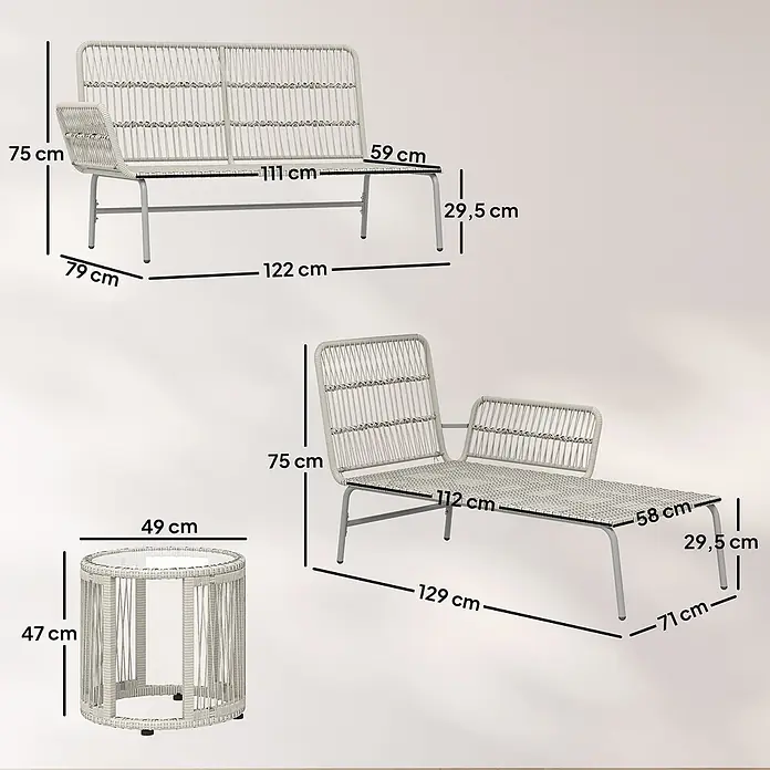Outsunny Loungemöbel-Set mit Tisch - 3 -tlg., PE-Rattan, Hellgrau - Weißes Polyrattan-Sofa (H75xB122xT79cm), Chaiselongue (H75xL129xT71cm) und runder Beistelltisch (H47xD49cm) für den Außenbereich.
