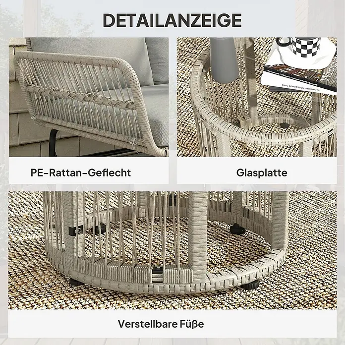 Outsunny Loungemöbel-Set mit Tisch - 3 -tlg., PE-Rattan, Hellgrau - Detaillierte Ansichten von hellbeigem PE-Rattan-Gartenmöbeln, die das Geflecht, eine Glasplatte und verstellbare Füße zeigen.