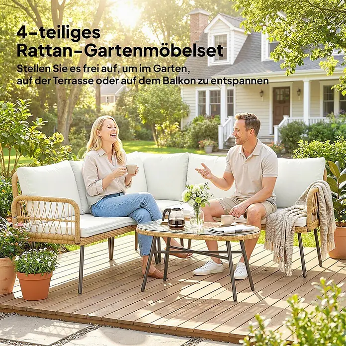 Outsunny Loungemöbel-Set - 4 -tlg., PE-Rattan, Cremeweiß - Ein 4-teiliges Rattan-Gartenmöbelset mit weißen Kissen, einem Sofa, zwei Stühlen und einem Couchtisch, zum Entspannen im Freien.