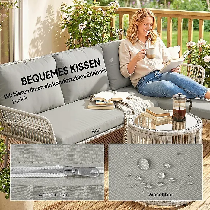 Outsunny Loungemöbel-Set mit Tisch - 3 -tlg., PE-Rattan, Hellgrau - Outdoor-Rattan-Lounge-Sofa mit hellgrauen Kissen, das von einer Frau genutzt wird. Zeigt abnehmbare, waschbare und wasserdichte Stoffdetails.