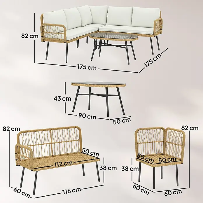 Outsunny Loungemöbel-Set - 4 -tlg., PE-Rattan, Cremeweiß - Hellbraune Rattan-Gartenlounge mit weißen Kissen und Couchtisch, Maße abgebildet.