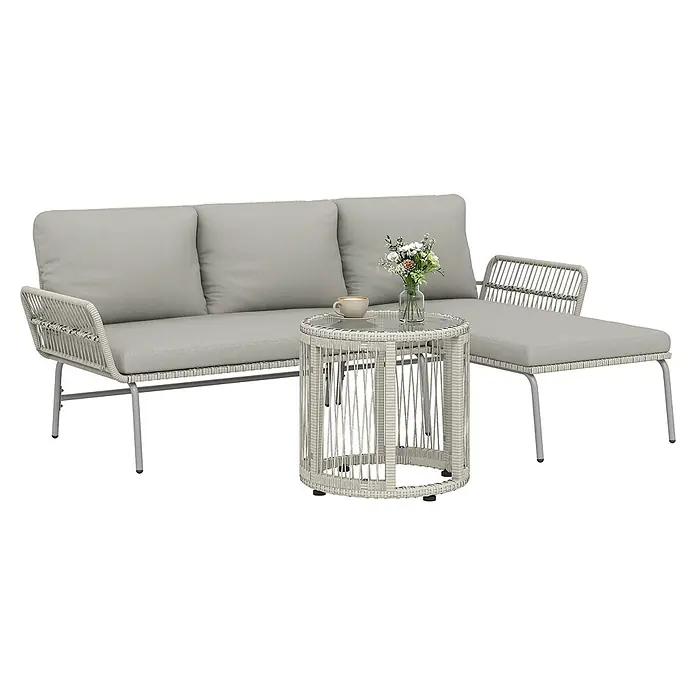 Outsunny Loungemöbel-Set mit Tisch - 3 -tlg., PE-Rattan, Hellgrau - Hellgraues Outdoor-Sofa mit Chaiselongue und rundem Beistelltisch. Mit geflochtenen Details, weichen Kissen und Glasplatte.