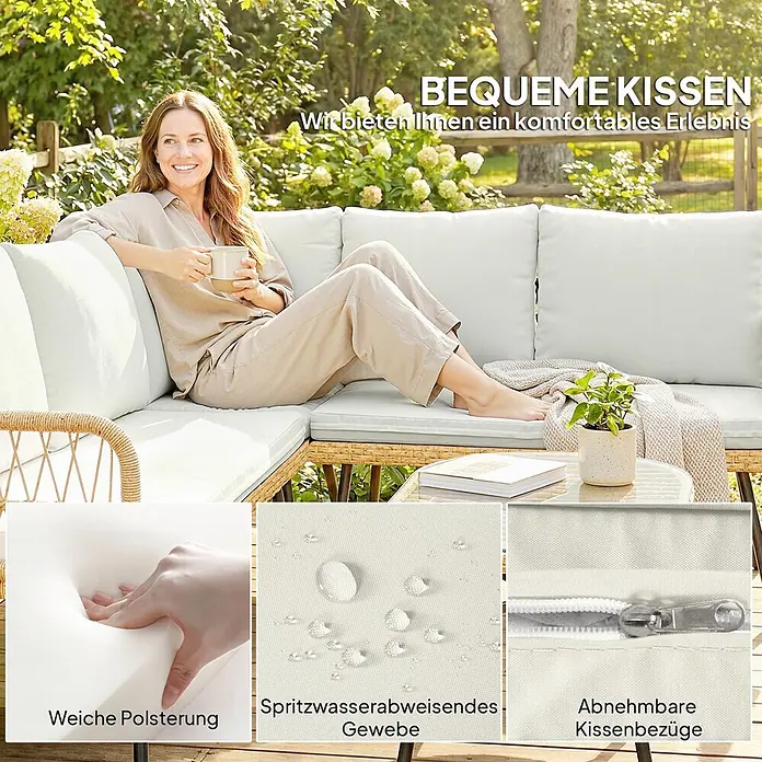 Outsunny Loungemöbel-Set - 4 -tlg., PE-Rattan, Cremeweiß - Frau auf Outdoor-Sofa mit hellen Polstern. Merkmale: weiche Polsterung, spritzwasserabweisender Stoff, abnehmbare Bezüge mit Reißverschluss.