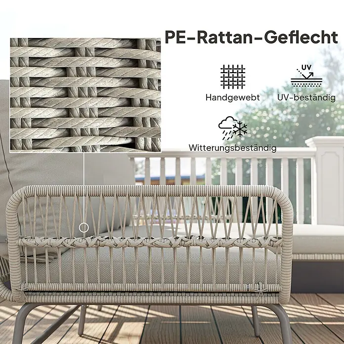 Outsunny Loungemöbel-Set mit Tisch - 3 -tlg., PE-Rattan, Hellgrau - Helles beiges PE-Rattan Outdoor-Sessel, handgewebt, UV- und witterungsbeständig, auf Holzterrasse.