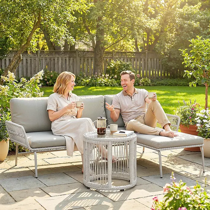 Outsunny Loungemöbel-Set mit Tisch - 3 -tlg., PE-Rattan, Hellgrau - Zwei Personen entspannen auf einer hellgrauen gewebten Outdoor-Sofa und Chaiselongue mit grauen Kissen und passendem runden Beistelltisch auf einer Terrasse.