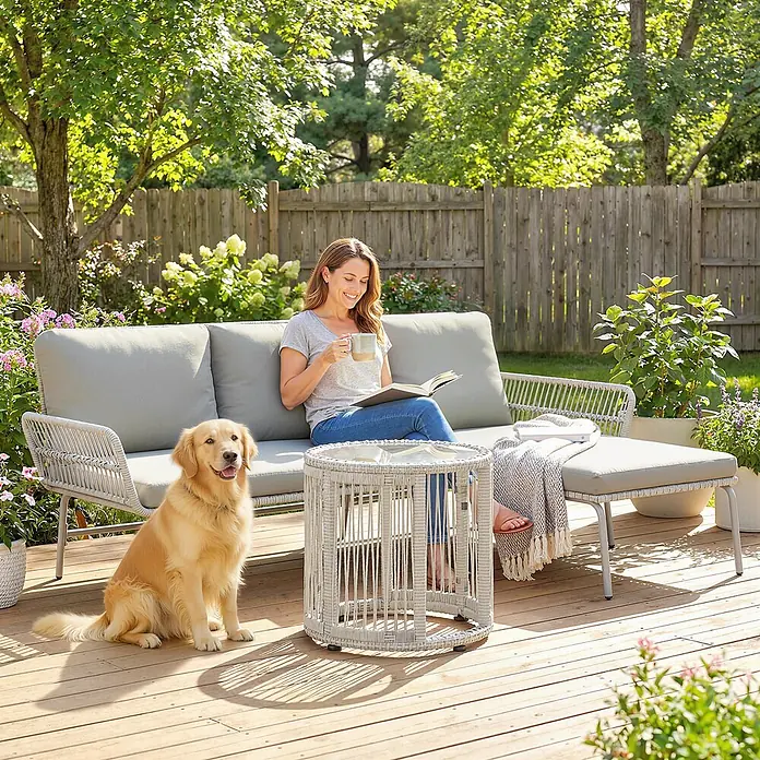 Outsunny Loungemöbel-Set mit Tisch - 3 -tlg., PE-Rattan, Hellgrau - Hellgraues Outdoor-Sofa mit Ottomane und rundem Tisch, zum Entspannen genutzt.