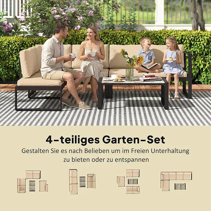 Outsunny Loungemöbel-Set - Khaki - Eine 4-teilige Outdoor-Lounge-Sitzgruppe in Beige mit dunklen Rahmen, bestehend aus Sofa, Stühlen und Kaffeetisch, auf einer Terrasse mit einer Familie.