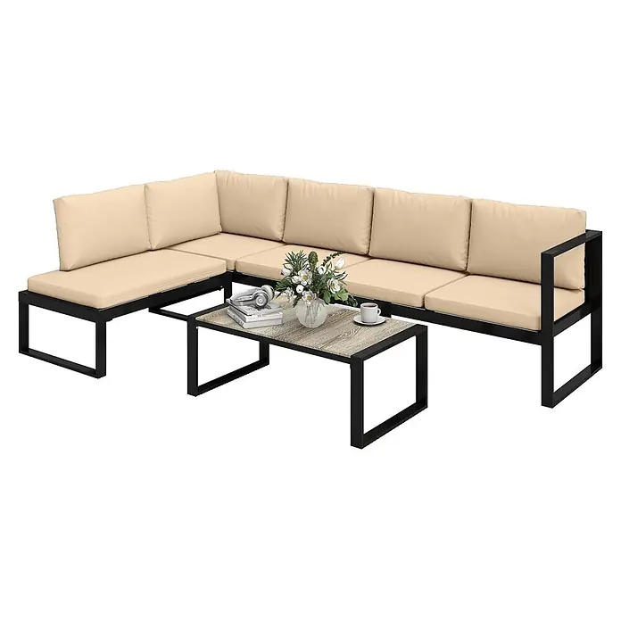 Outsunny Loungemöbel-Set - Khaki - L-förmiges Outdoor-Sofa mit schwarzem Metallrahmen, beigen Kissen und passendem Couchtisch mit Holzoptikplatte.