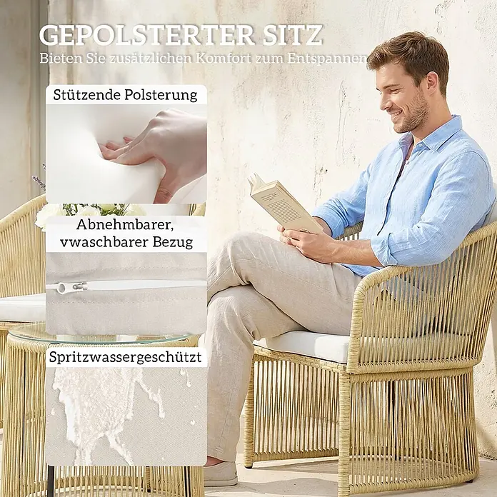 Outsunny Loungemöbel-Set - Galvanisierter Stahl, PE-Rattan, Cremeweiß - Ein Mann entspannt sich in einem hellen Flechtstuhl mit bequemen, spritzwassergeschützten und waschbaren Polstern.