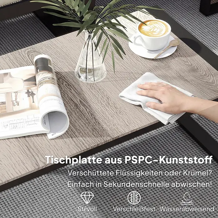 Outsunny Loungemöbel-Set - Khaki - Couchtisch mit Holzoptik und abwischbarer PSPC-Oberfläche. Eine Hand wischt Flüssigkeit vom Tisch.