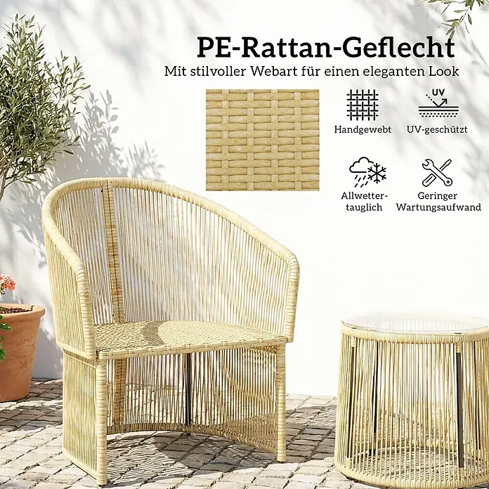 Outsunny Loungemöbel-Set - Galvanisierter Stahl, PE-Rattan, Cremeweiß - Heller PE-Rattan-Sessel und Beistelltisch für den Außenbereich auf Pflastersteinen.